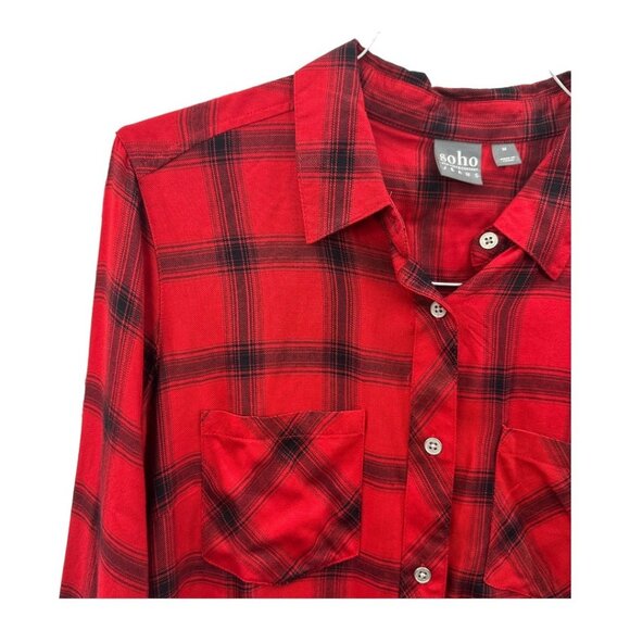 SOHO Women SZ M Red Plaid Button Up Lightweith Shirt Slit Insert Back Casual - Picture 8 of 14
